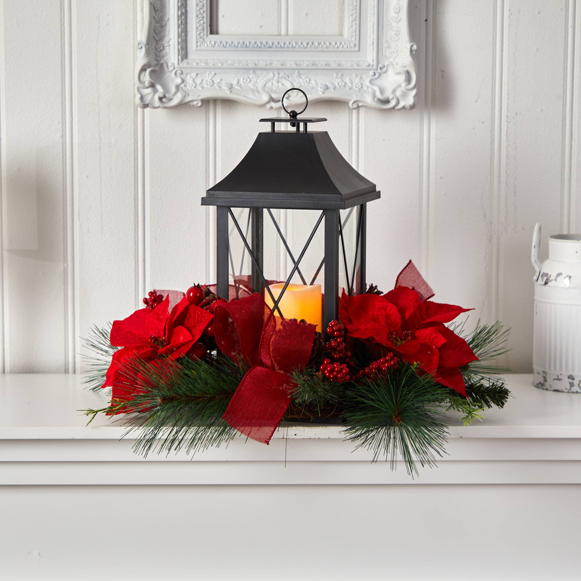 15" Red Poinsettia, Pinecone & Greenery Lantern with LED Candle Artificial Christmas Arrangement